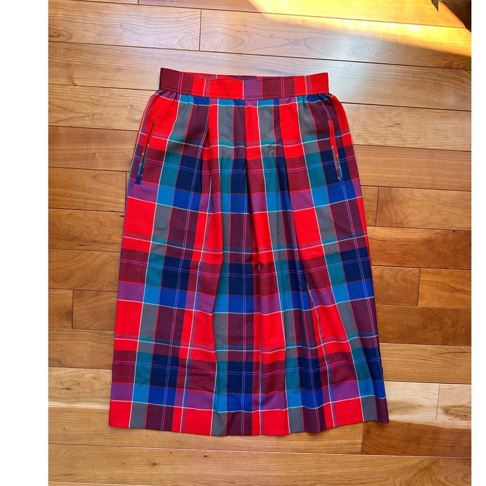 Vintage Pendleton Wool Plaid Midi Skirt Red Blue Tartan Pleated Pockets Size 8
